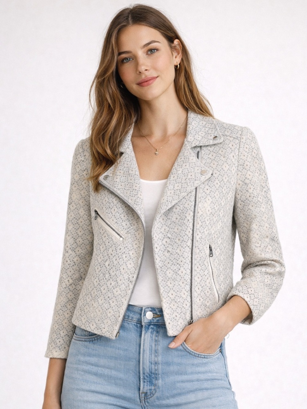 Anthropologie Dolan Lace Moto Jacket Cream Blue Size S